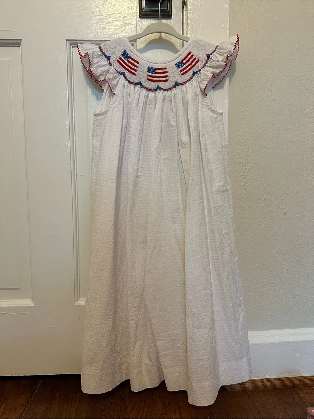 5T Smocked American Flag Bishop Dress - red/white/blue